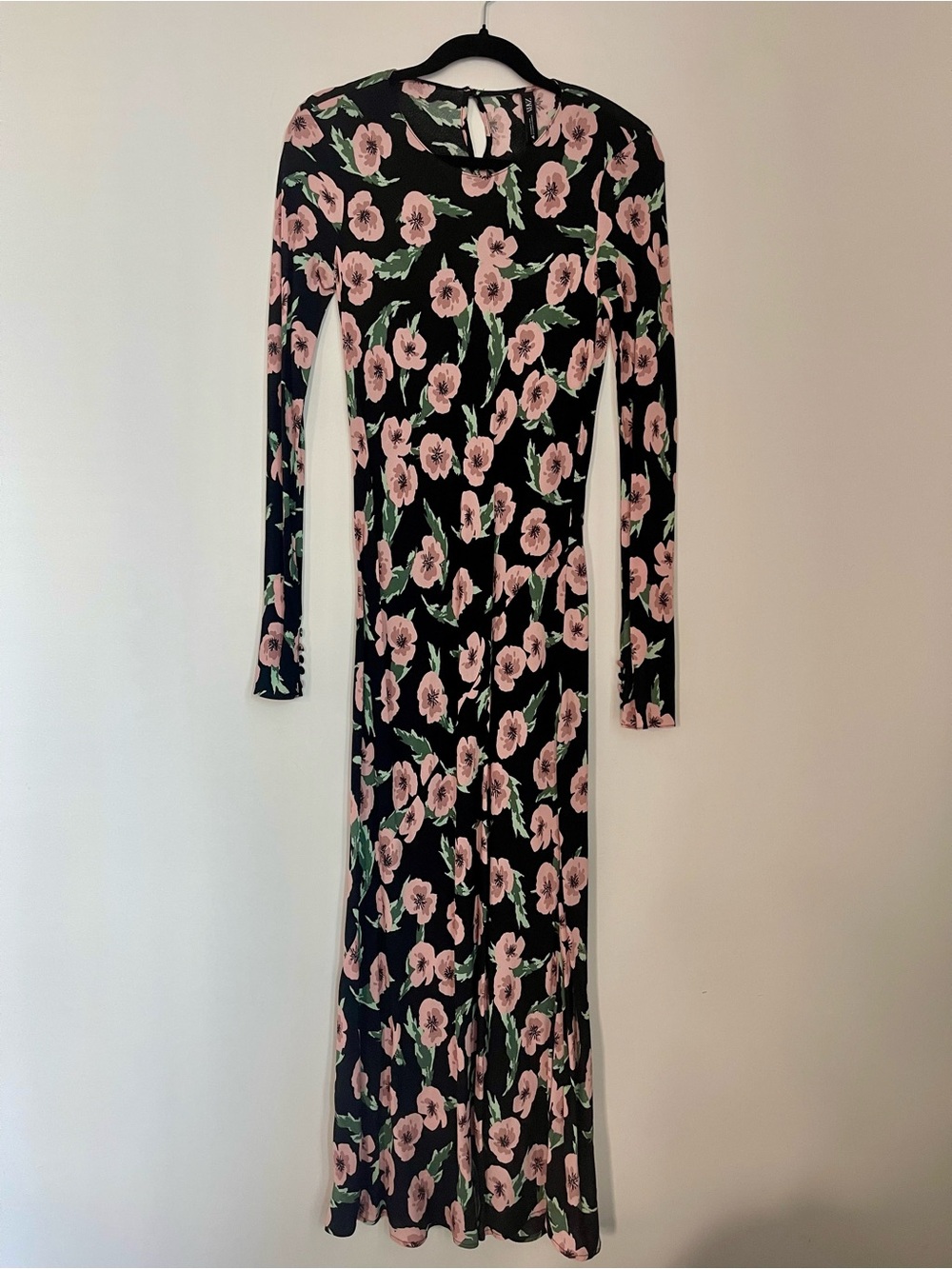 Zara Black Maxi Dress with Pink Floral Print